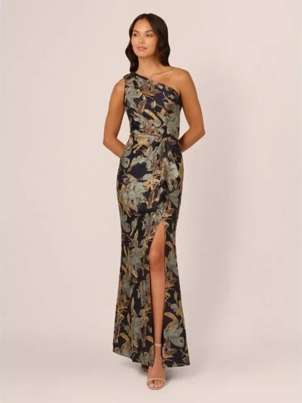 Adrianna Papell Blue Gold Floral Jacquard One Shoulder Mermaid Gown